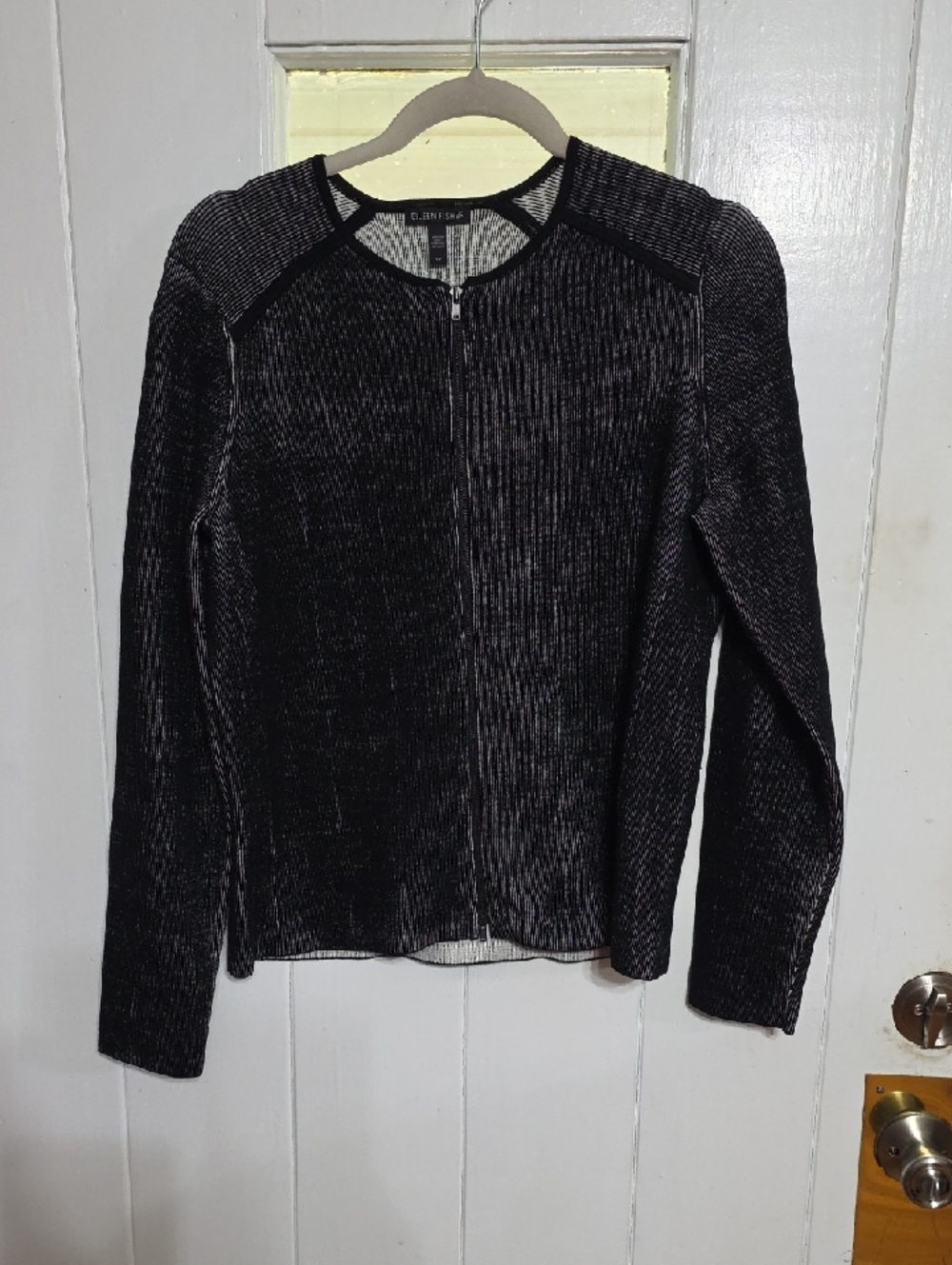 EileenFisher Women's 63% Silk Blend Sweater Black Ribbed Zip Front Sz S EUC